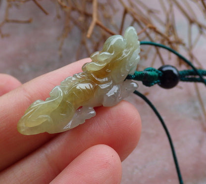 Certified Hand Carved Yellow Natural Burma A Jade jadeite Dragon Pendant Necklace