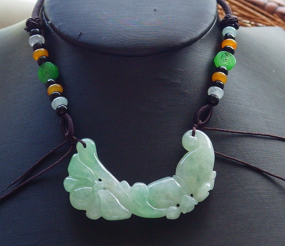 Certified Hand Carved Green 100% Natural Myanmar Burma A Jade jadeite Bat Ruyi Flower Pendant Necklace