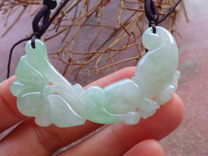 Certified Hand Carved Green 100% Natural Myanmar Burma A Jade jadeite Bat Ruyi Flower Pendant Necklace