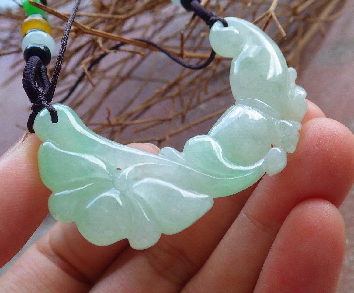 Certified Hand Carved Green 100% Natural Myanmar Burma A Jade jadeite Bat Ruyi Flower Pendant Necklace