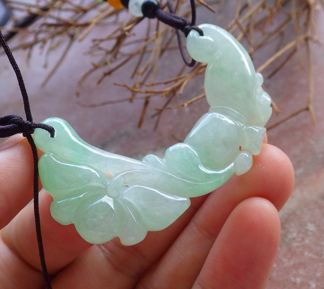 Certified Hand Carved Green 100% Natural Myanmar Burma A Jade jadeite Bat Ruyi Flower Pendant Necklace