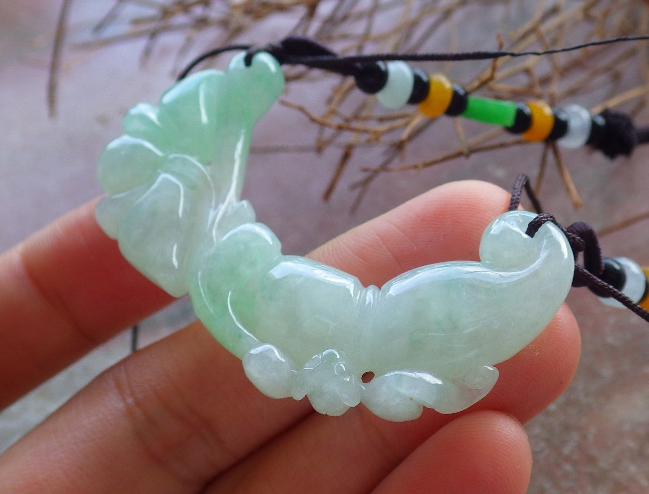 Certified Hand Carved Green 100% Natural Myanmar Burma A Jade jadeite Bat Ruyi Flower Pendant Necklace