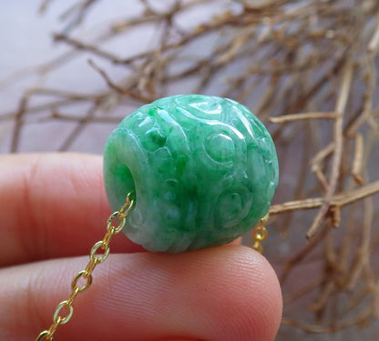 Certified Hand Carved Green Natural Myanmar Burma A Jade Jadeite Barrel Circle Donut Ruyi Pendant Necklace