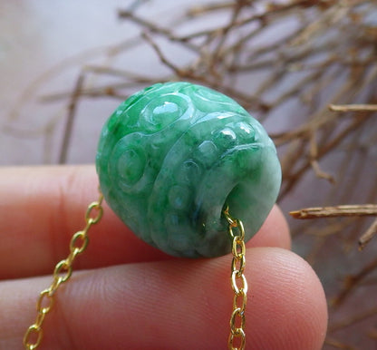 Certified Hand Carved Green Natural Myanmar Burma A Jade Jadeite Barrel Circle Donut Ruyi Pendant Necklace