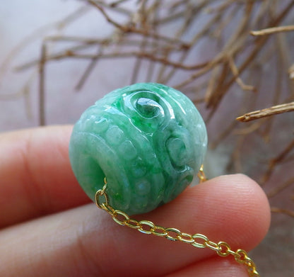 Certified Hand Carved Green Natural Myanmar Burma A Jade Jadeite Barrel Circle Donut Ruyi Pendant Necklace