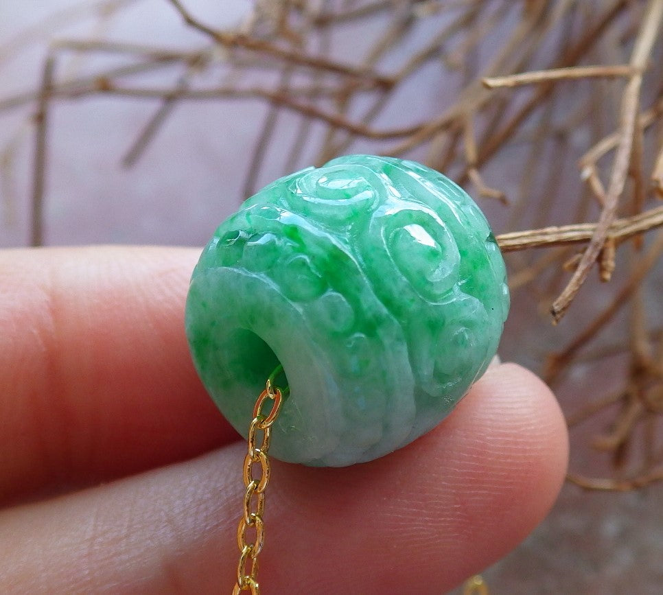 Certified Hand Carved Green Natural Myanmar Burma A Jade Jadeite Barrel Circle Donut Ruyi Pendant Necklace