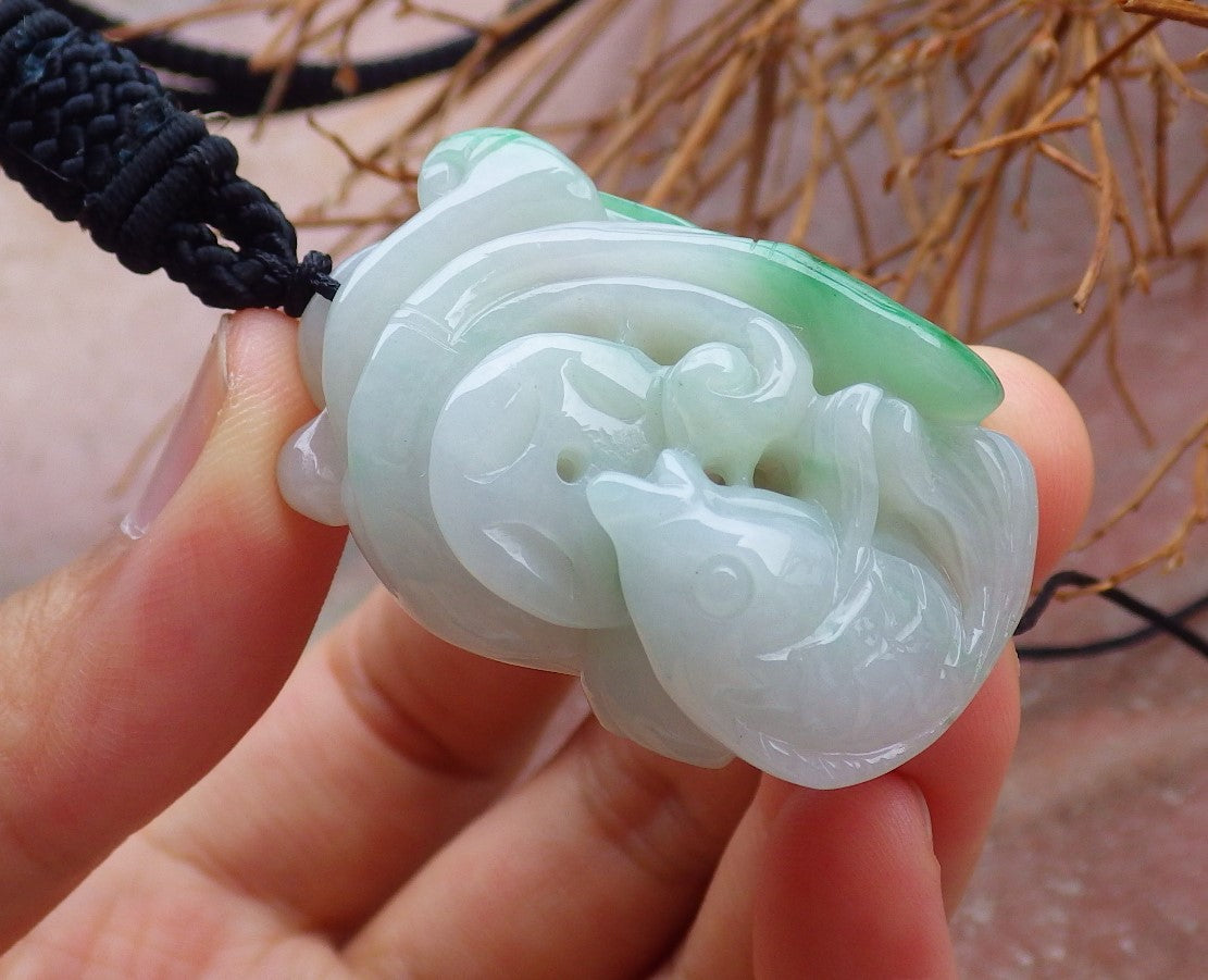 Certified Hand Carved Green Natural Burma Grade A Jade jadeite Fish Lotus Coin Flower Ruyi Pendant Necklace