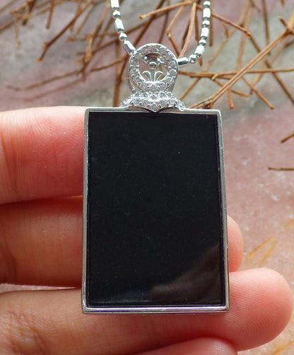 Certified Sterling Silver 925 Natural Myanmar Burma Grade A Hand Carved Jade Jadeite Black Green Rectangle Pendant Necklace