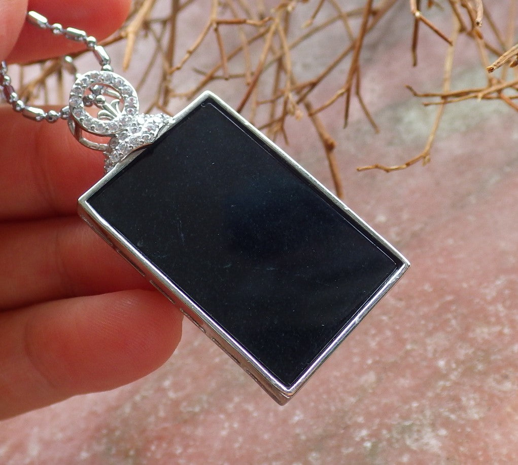 Certified Sterling Silver 925 Natural Myanmar Burma Grade A Hand Carved Jade Jadeite Black Green Rectangle Pendant Necklace