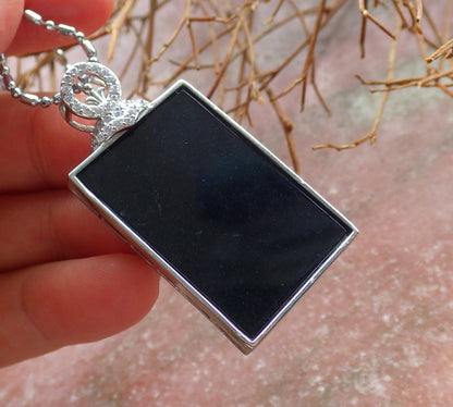 Certified Sterling Silver 925 Natural Myanmar Burma Grade A Hand Carved Jade Jadeite Black Green Rectangle Pendant Necklace