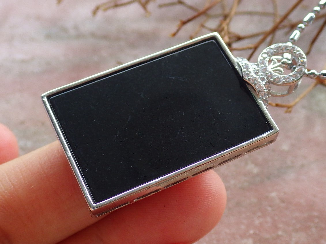 Certified Sterling Silver 925 Natural Myanmar Burma Grade A Hand Carved Jade Jadeite Black Green Rectangle Pendant Necklace
