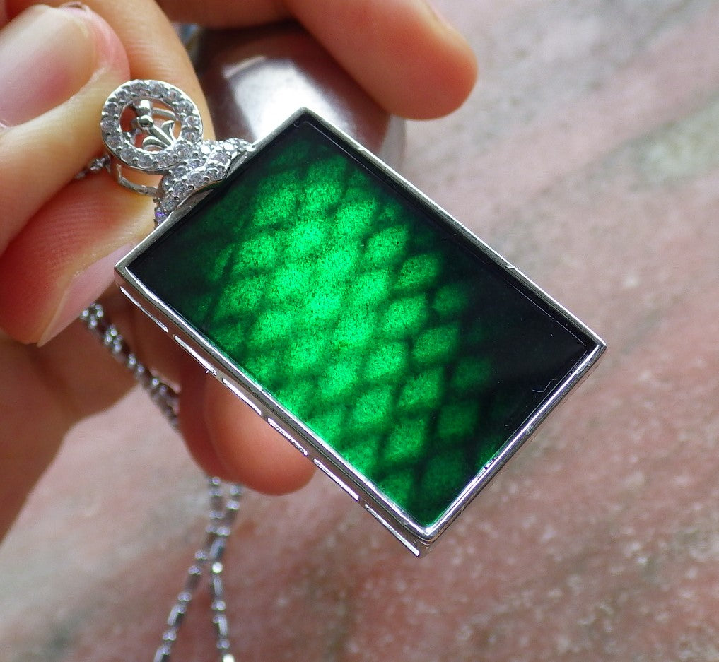 Certified Sterling Silver 925 Natural Myanmar Burma Grade A Hand Carved Jade Jadeite Black Green Rectangle Pendant Necklace