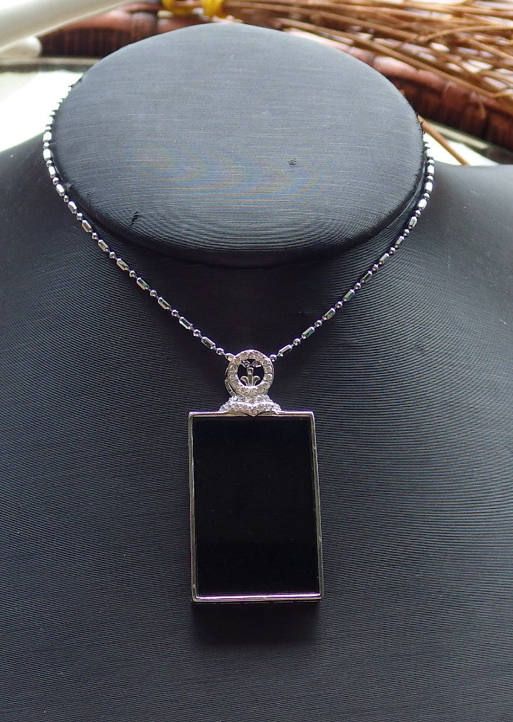 Certified Sterling Silver 925 Natural Myanmar Burma Grade A Hand Carved Jade Jadeite Black Green Rectangle Pendant Necklace