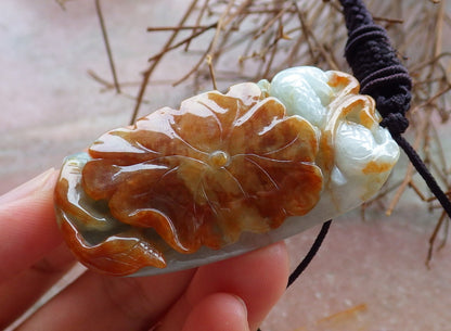 Certified Hand Carved Brown Red Natural Myanmar Burma A Jade Jadeite Phoenix Mandarin Duck Lotus Pendant Necklace