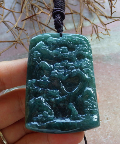 Certified Hand Carved Green Natural Myanmar Burma A Jade Landscape Painting Pendant Necklace