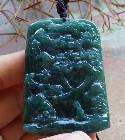 Certified Hand Carved Green Natural Myanmar Burma A Jade Landscape Painting Pendant Necklace