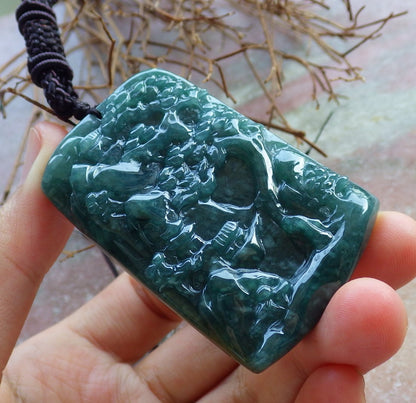 Certified Hand Carved Green Natural Myanmar Burma A Jade Landscape Painting Pendant Necklace