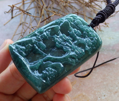 Certified Hand Carved Green Natural Myanmar Burma A Jade Landscape Painting Pendant Necklace