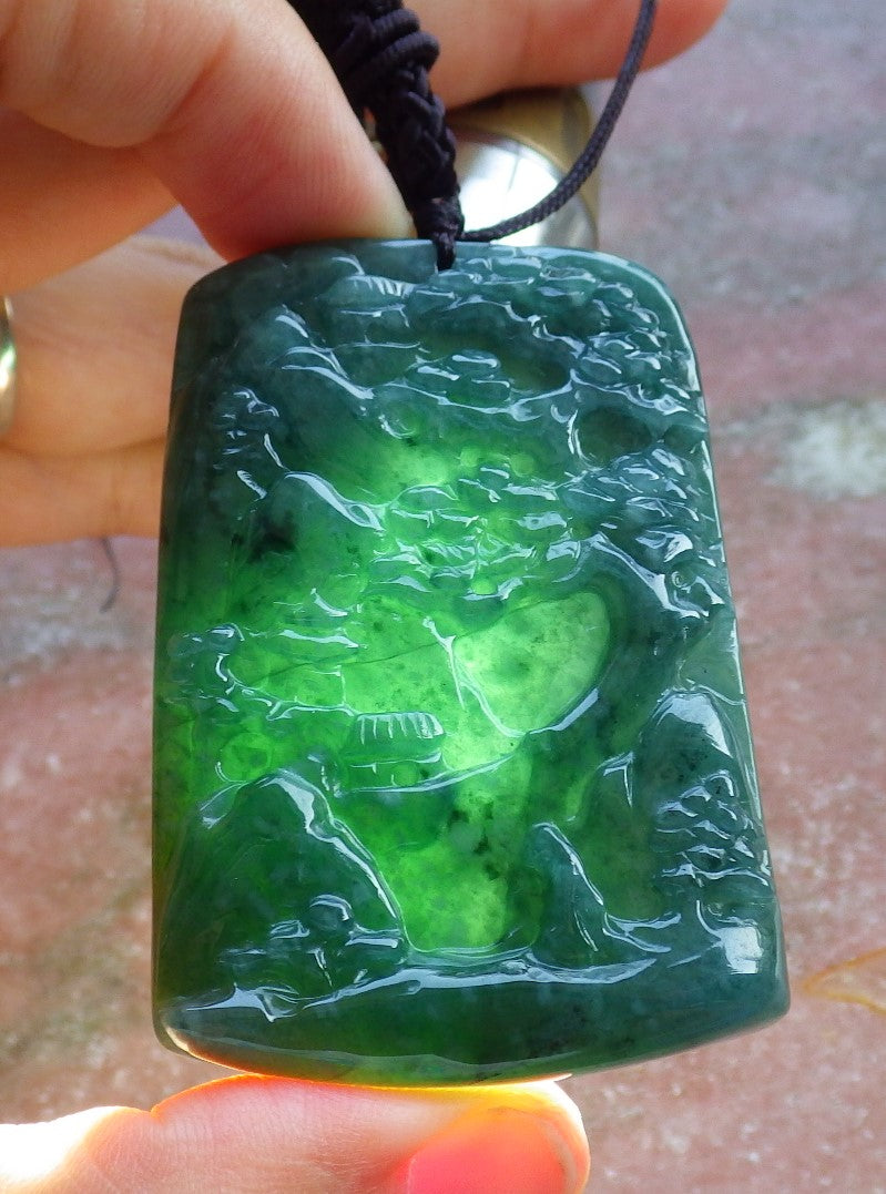 Certified Hand Carved Green Natural Myanmar Burma A Jade Landscape Painting Pendant Necklace