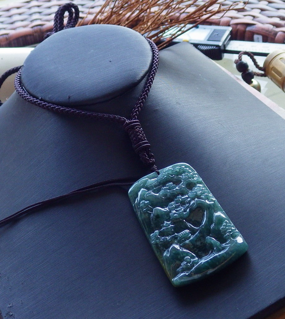 Certified Hand Carved Green Natural Myanmar Burma A Jade Landscape Painting Pendant Necklace