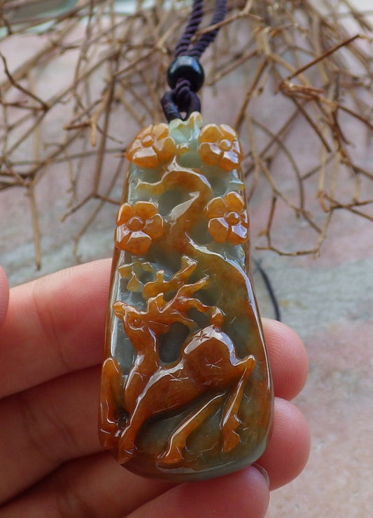 Certified Hand Carved Red Green Natural Myanmar Burma Grade A Jade jadeite Deer Flower Pendant Necklace