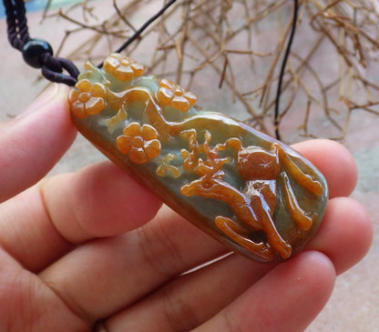 Certified Hand Carved Red Green Natural Myanmar Burma Grade A Jade jadeite Deer Flower Pendant Necklace