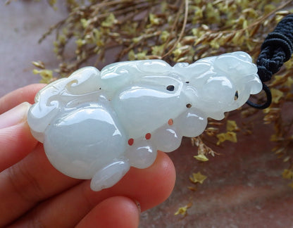 Certified Hand Carved Icy Green Natural Myanmar Burma Grade A Jade jadeite Dragon Pi Xiu Pendant Necklace