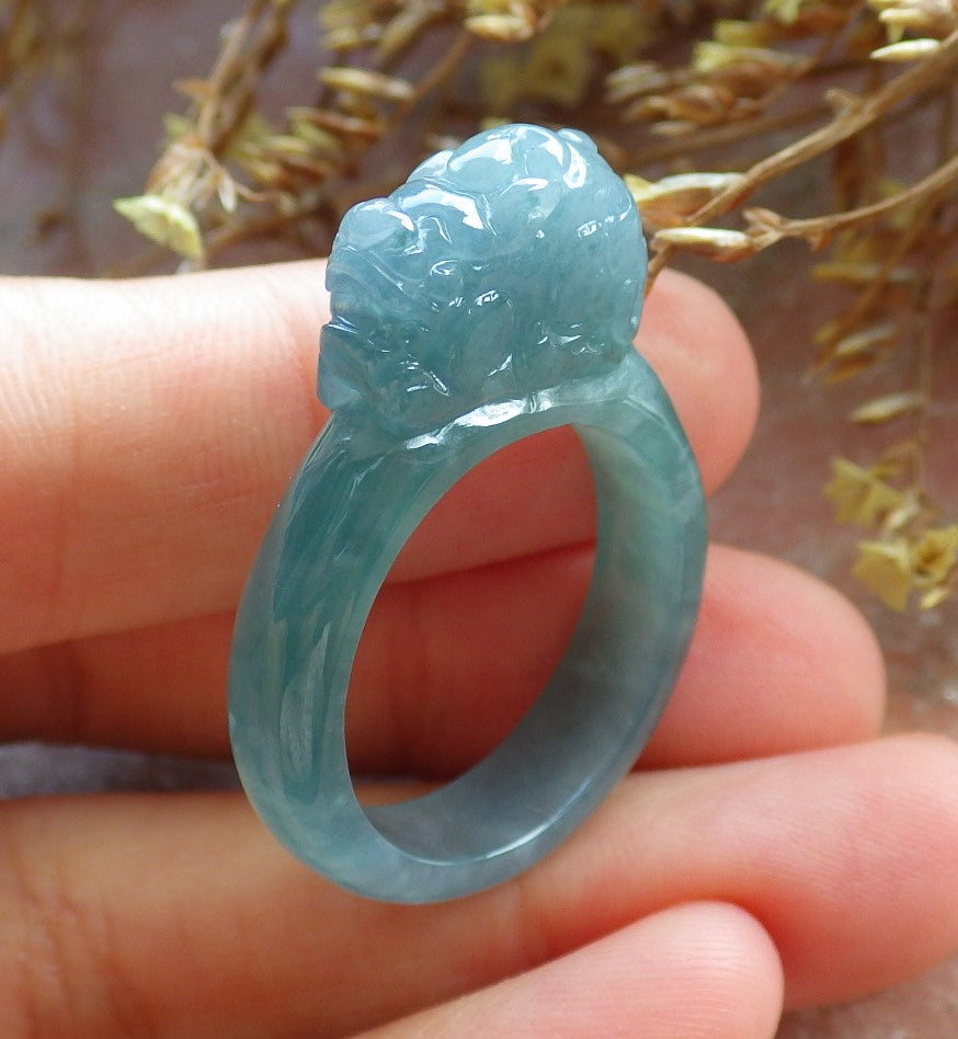 Certified Hand Carved Blue Water Green Natural Myanmar Burma A JADE Jadeite Dragon Pi Xiu Ring US 9