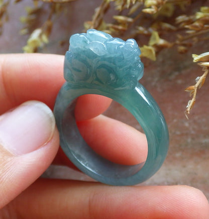 Certified Hand Carved Blue Water Green Natural Myanmar Burma A JADE Jadeite Dragon Pi Xiu Ring US 9