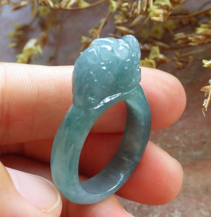 Certified Hand Carved Blue Water Green Natural Myanmar Burma A JADE Jadeite Dragon Pi Xiu Ring US 9