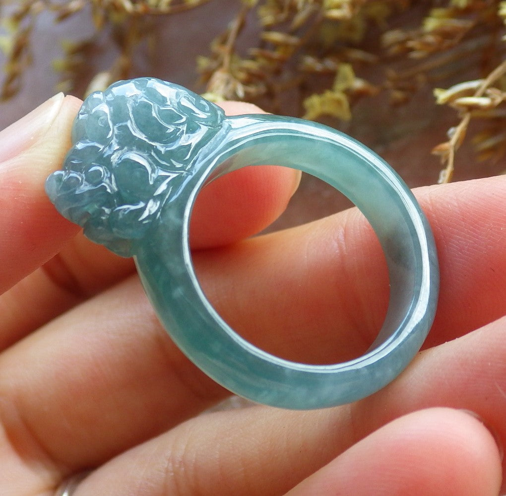 Certified Hand Carved Blue Water Green Natural Myanmar Burma A JADE Jadeite Dragon Pi Xiu Ring US 9