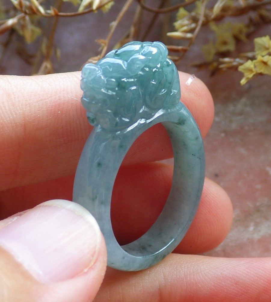 Certified Hand Carved Blue Water Green Natural Myanmar Burma A JADE Jadeite Dragon Pi Xiu Ring US 9