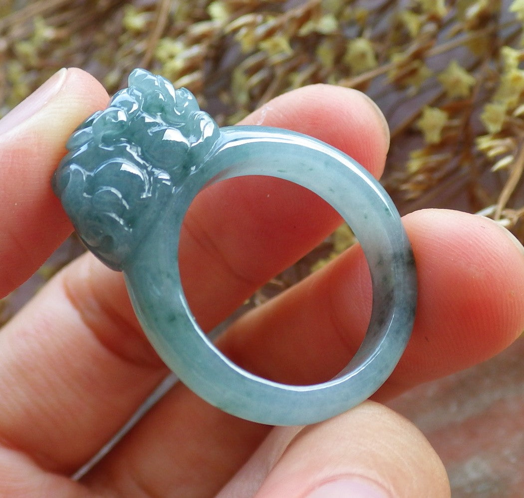 Certified Hand Carved Blue Water Green Natural Myanmar Burma A JADE Jadeite Dragon Pi Xiu Ring US 9