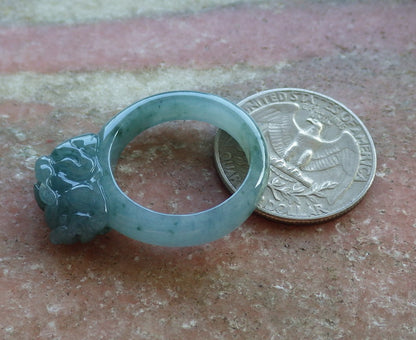 Certified Hand Carved Blue Water Green Natural Myanmar Burma A JADE Jadeite Dragon Pi Xiu Ring US 9