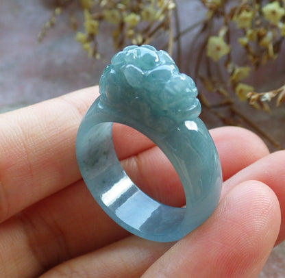 Certified Hand Carved Blue Water Green Natural Myanmar Burma A JADE Jadeite Dragon Pi Xiu Ring US 8.75