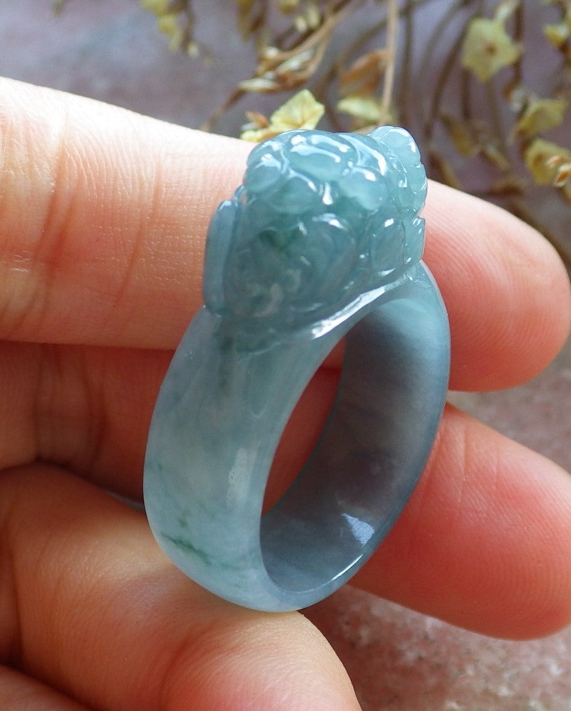 Certified Hand Carved Blue Water Green Natural Myanmar Burma A JADE Jadeite Dragon Pi Xiu Ring US 8.75