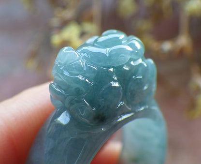 Certified Hand Carved Blue Water Green Natural Myanmar Burma A JADE Jadeite Dragon Pi Xiu Ring US 8.75