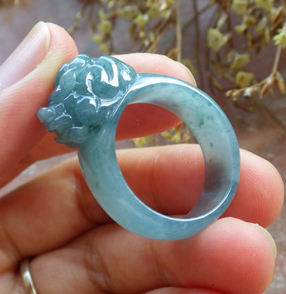 Certified Hand Carved Blue Water Green Natural Myanmar Burma A JADE Jadeite Dragon Pi Xiu Ring US 8.75