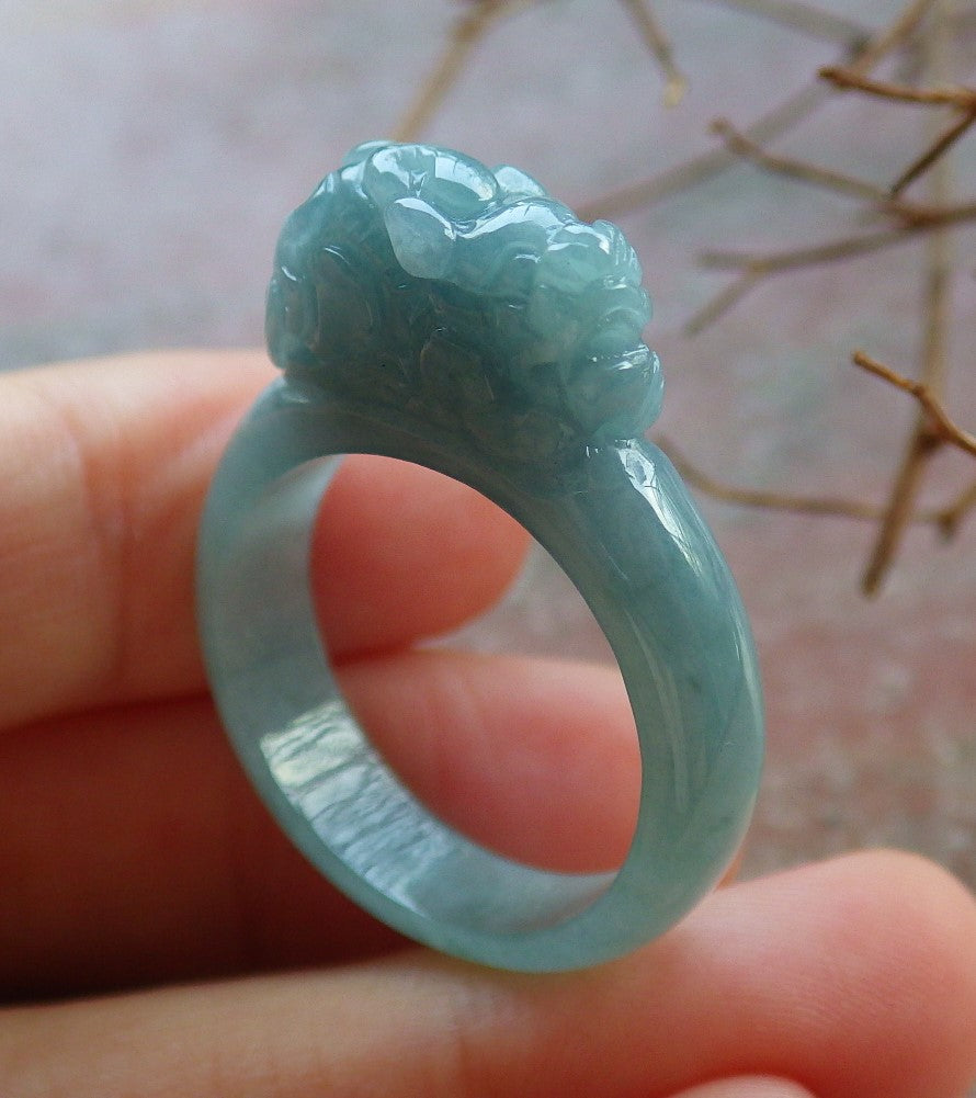 Certified Hand Carved Blue Water Green Natural Myanmar Burma A JADE Jadeite Dragon Pi Xiu Ring US 10.25