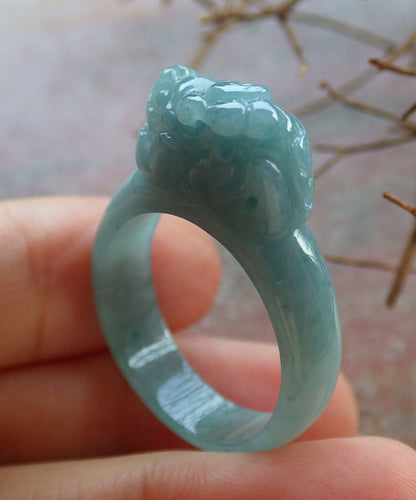 Certified Hand Carved Blue Water Green Natural Myanmar Burma A JADE Jadeite Dragon Pi Xiu Ring US 10.25