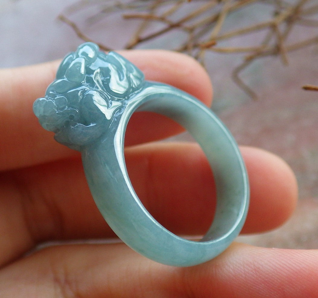 Certified Hand Carved Blue Water Green Natural Myanmar Burma A JADE Jadeite Dragon Pi Xiu Ring US 10.25