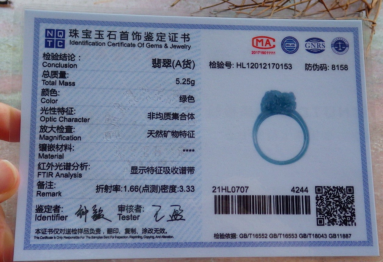 Certified Hand Carved Blue Water Green Natural Myanmar Burma A JADE Jadeite Dragon Pi Xiu Ring US 10.25