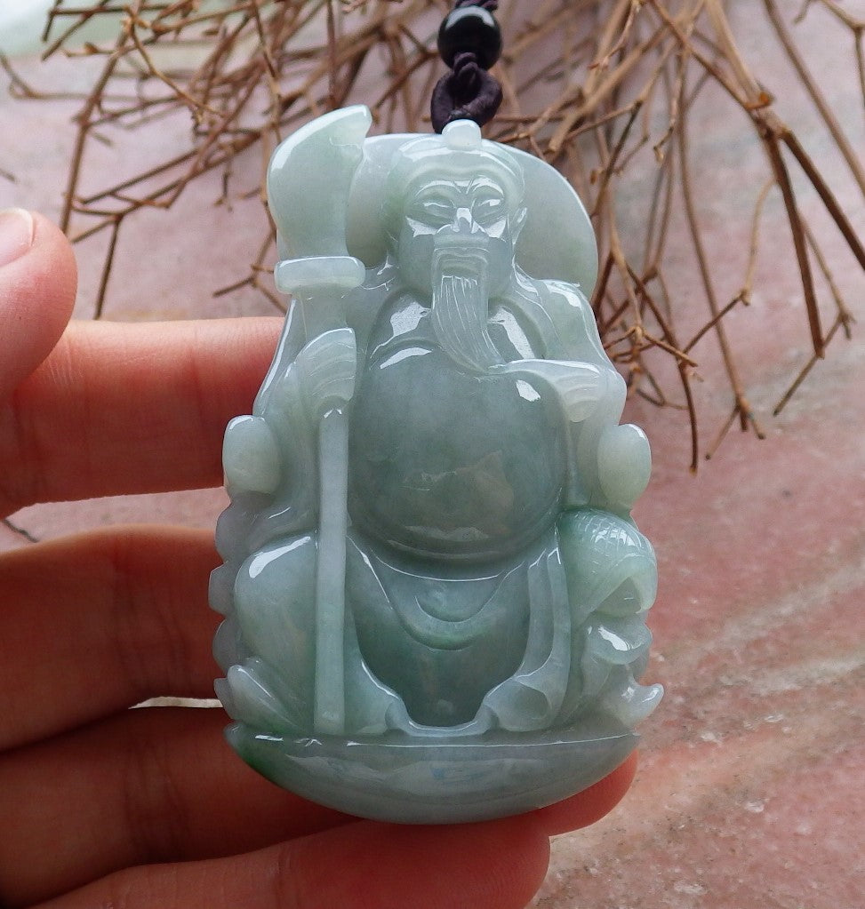 Certified Hand Carved Green 100% Natural Burma A Jade jadeite Fight God Guan Gong God Guangyu Broadword Pendant Necklace