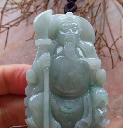 Certified Hand Carved Green 100% Natural Burma A Jade jadeite Fight God Guan Gong God Guangyu Broadword Pendant Necklace