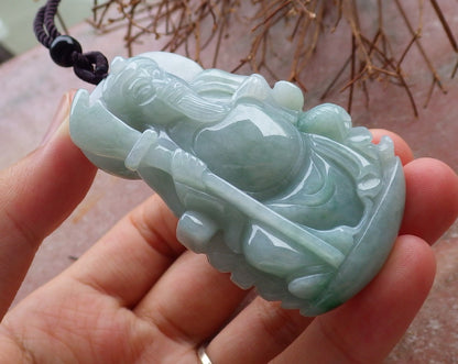 Certified Hand Carved Green 100% Natural Burma A Jade jadeite Fight God Guan Gong God Guangyu Broadword Pendant Necklace