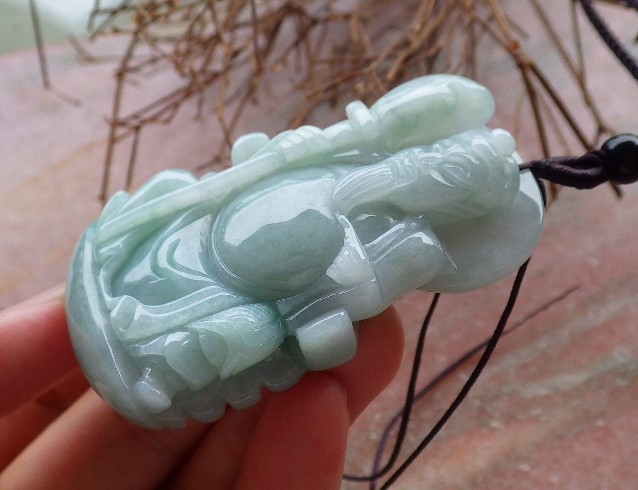 Certified Hand Carved Green 100% Natural Burma A Jade jadeite Fight God Guan Gong God Guangyu Broadword Pendant Necklace