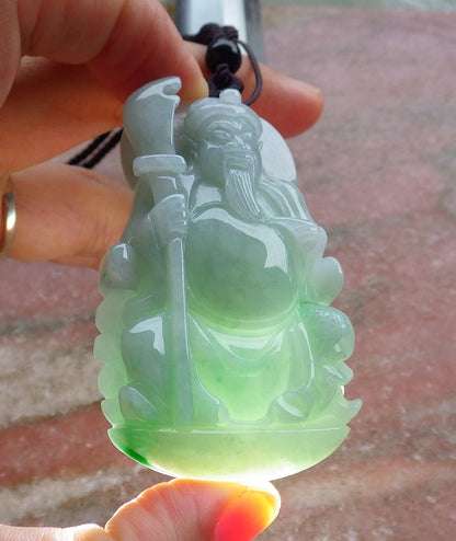 Certified Hand Carved Green 100% Natural Burma A Jade jadeite Fight God Guan Gong God Guangyu Broadword Pendant Necklace