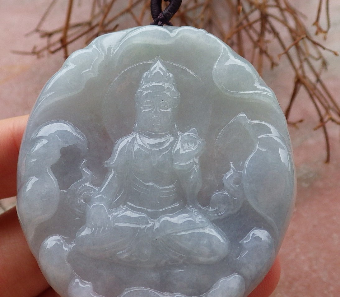 Certified Hand Carved Lavender Natural Myanmar Burma A Jade Jadeite Guanyin Kwan Yin Pendant Necklace