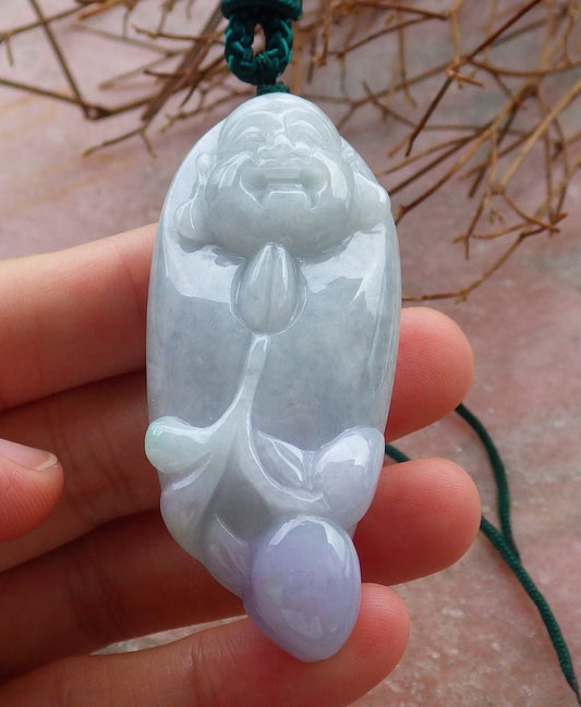 Certified Hand Carved Green Lavender Myanmar Burma Natural A Jade jadeite Happy Buddha Lucky Amulet Pendant Necklace
