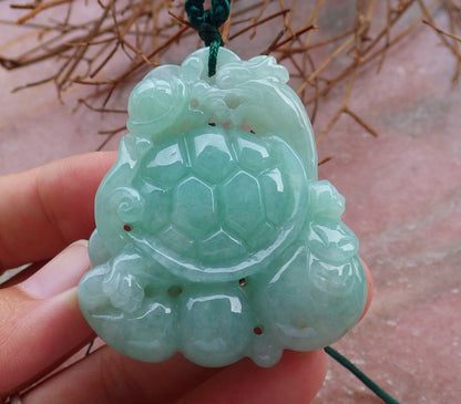 Certified Hand Carved Green 100% Natural Myanmar Burma A Jade Jadeite Dragon Turtle Ruyi Pendant Necklace